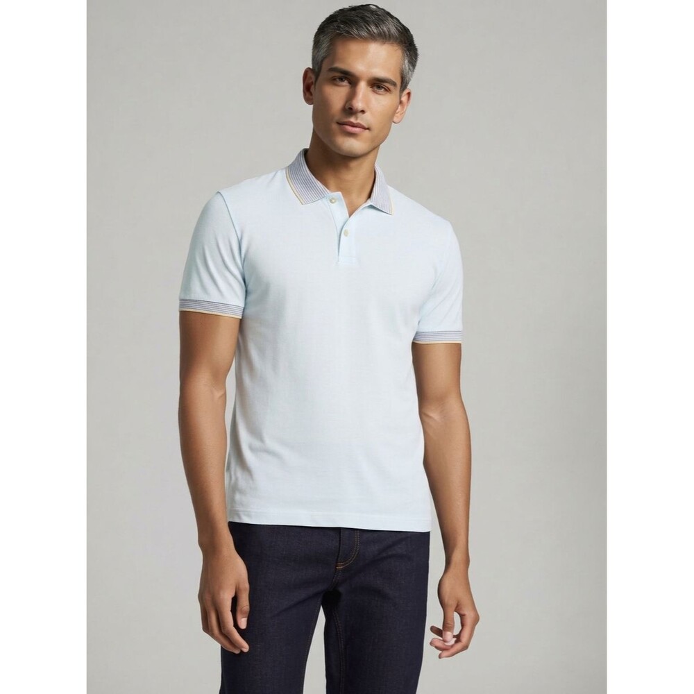 BLOOMINGDALES Polo Shirt Mens XXL Light Blue Stripe Trim Short Sleeve Cotton